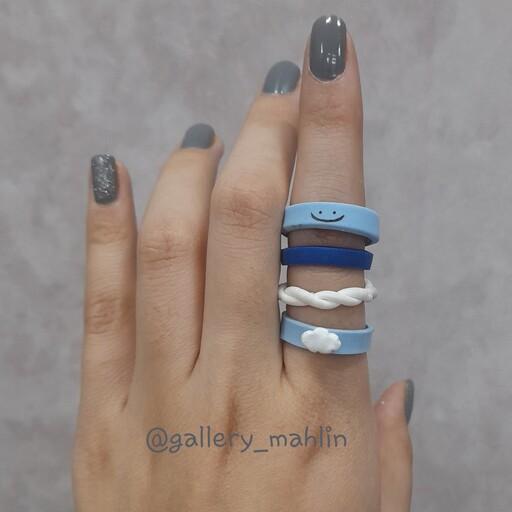 انگشتر خمیری فانتزی دخترانه(دستساز) پک 4 عددی رنگ آبی و سفید(سایز و رنگ انگشتر قابل تغییر است)