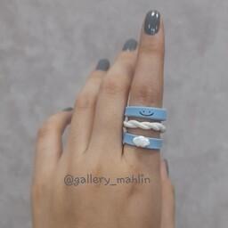 انگشتر خمیری فانتزی دخترانه(دستساز) پک 3 عددی رنگ آبی روشن و سفید(سایز و رنگ انگشتر قابل تغییر است)