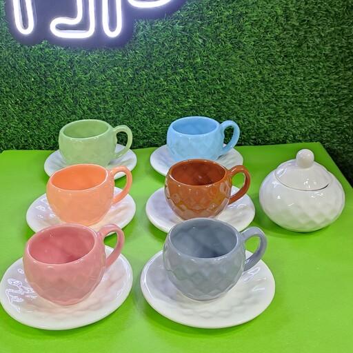 سرویس چای خوری سرامیکی رنگی ، نعلبکی6 عدد ، فنجان 6عدد، قندان1عدد