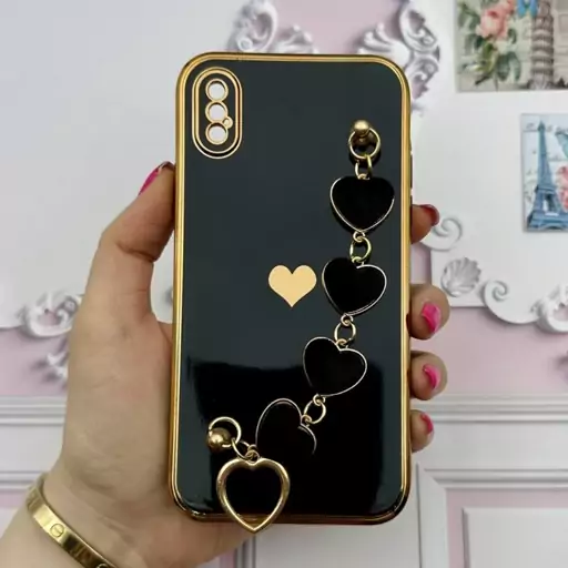 قاب گوشی iPhone X - iPhone XS آیفون مای کیس لاکچری My Case دستبندی قلبی مخمل آویز دار مشکی محافظ لنز دار کد 91125