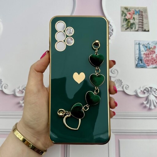 قاب گوشی Galaxy A13 4G - Galaxy A04S سامسونگ مای کیس لاکچری My Case دستبندی قلبی مخمل آویز دار سبز محافظ لنز دار کد41884