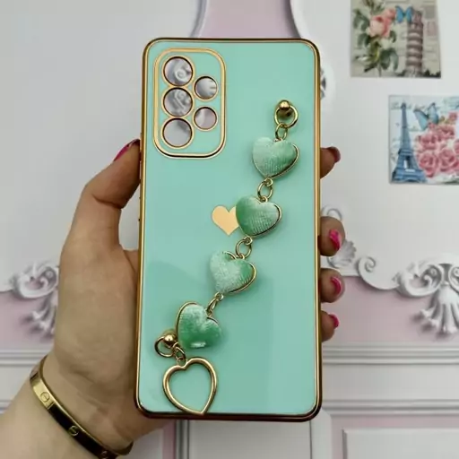 قاب گوشی Galaxy A53 سامسونگ مای کیس لاکچری My Case دستبندی قلبی مخمل آویز دار سبزآبی محافظ لنز دار کد 27286