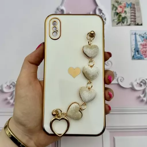 قاب گوشی iPhone X - iPhone XS آیفون مای کیس لاکچری My Case دستبندی قلبی مخمل آویز دار سفید محافظ لنز دار کد 50384