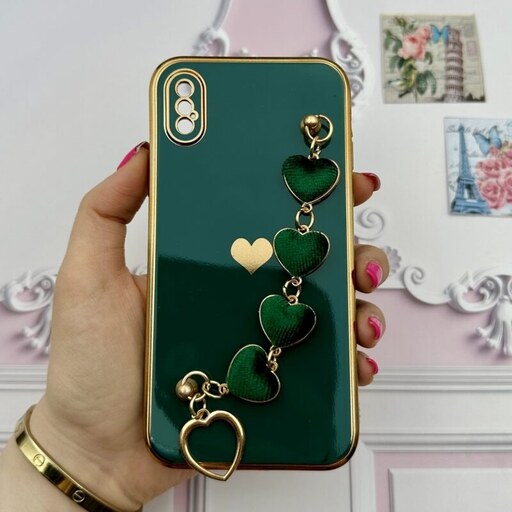 قاب گوشی iPhone X - iPhone XS آیفون مای کیس لاکچری My Case دستبندی قلبی مخمل آویز دار سبز محافظ لنز دار کد 32628