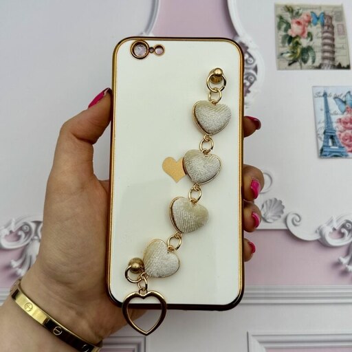 قاب گوشی iPhone 6-iPhone 6S آیفون مای کیس لاکچری My Case دستبندی قلبی مخمل آویز دار سفید محافظ لنز دار کد 21186