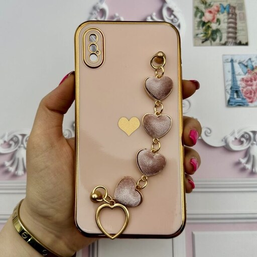 قاب گوشی iPhone X - iPhone XS آیفون مای کیس لاکچری My Case دستبندی قلبی مخمل آویز دار گلبهی محافظ لنز دار کد 59339