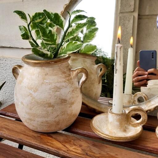 گلدان پتینه و شمعدان طراحی شده با دست و رنگ اکریلیک قابل نصب آسان و شستشو با اسکاج نرم