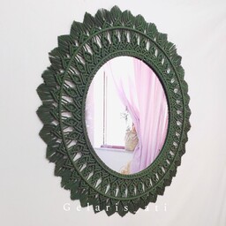 آینه مکرومه رنگ سبز ، قطر 50 س ، و با بافت حدود 85 س