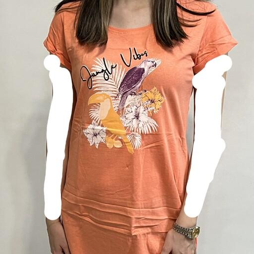 تیشرت نارنجی لانگ  گل و پرنده از برند اسمارا سایز لارج 