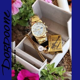 ساعت مچی مردانه ست با دستبند و حلقه و فندک رنگ ثابت طلایی با جعبه مناسب برای هدیه دادن ارسال رایگان