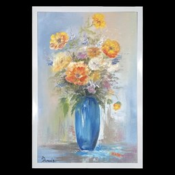 تابلو نقاشی رئال گل های زیبای کوچک در کوزه آبی