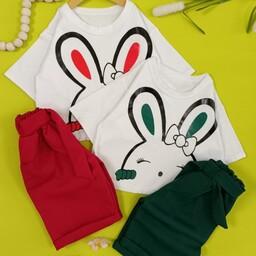 تیشرت شلوارک خرگوش گوش دراز 2 جنس پنبه سایز 1تا4 رنگبندی  سبز  قرمز  سرخابی 