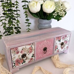 باکس سه کشویی رو میزی چوبی طرح گلدار و صورتی کالباسی