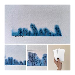 ست سه تایی نقاشی آبرنگ periwinkle winter trees