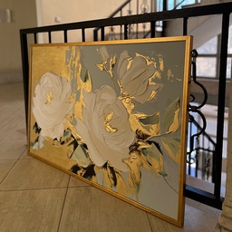 تابلو نقاشی گل برجسته با زمینه پتینه ورق طلا در ابعاد80در 120