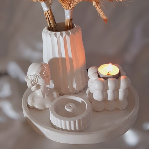 دکوری مدرن و مینیمال هدیه ست شمع وامر جاشمعی جاعودی استندشلف مجسمه تندیس گلدان بزرگ 