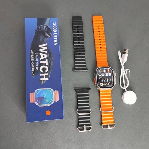 ساعت هوشمند t3000 ultra طرح اپل واچ(دو بند مشکی و نارنجی) 