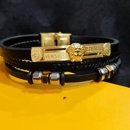 دستبند چرم مردانه برند ورساچه 3 لاین استیل طلایی