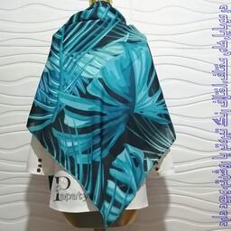روسری نخی طرح چاپی برگ انجیری رنگ آبی زمینه مشکی دور دست دوز اندازه حدود 135 سانت