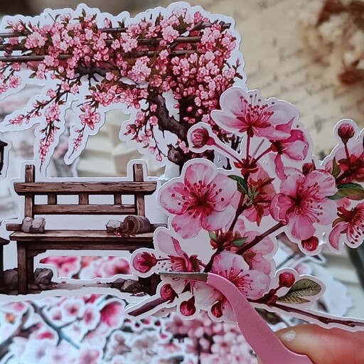 پک 38 عددی استیکر طرح شکوفه های گیلاس و خانه های کره ای وسایل اسکرپ بوک و بولت ژورنال 