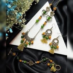 ست رومانتویی، دستبند و گوشواره سنتی بوهو با سنگ طبیعی جید و خرجکار زاماک