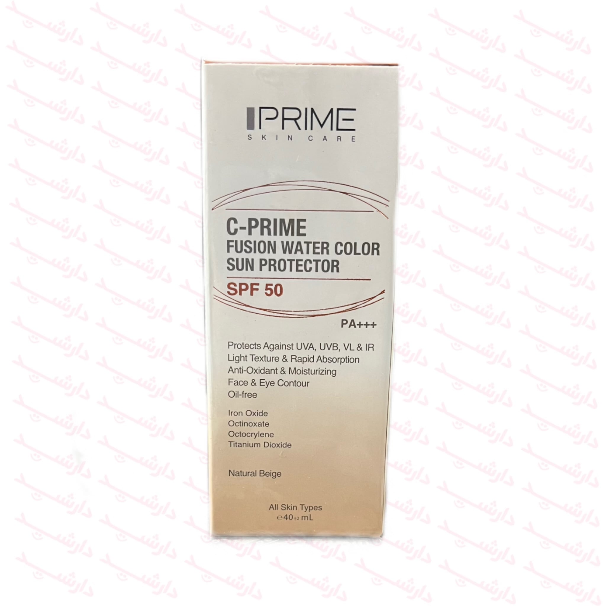 فلوئید ضد آفتاب رنگی پرایم +SPF50 فیوژن واتر بژ طبیعی مناسب انواع پوست 40 میلی لیتر