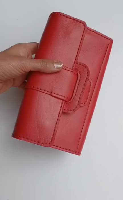 کیف پولی چرم دستدوخت قرمز