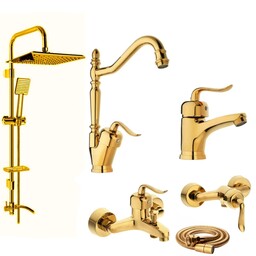ست شیرالات رز مدل بیزانس نایس طلایی مجموعه 6 عددی به همراه علم دوش حمام دوکاره و شلنگ سرویس بهداشتی 