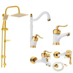 ست شیرالات رز مدل بیزانس نایس سفید طلایی مجموعه 6 عددی به همراه علم دوش حمام دوکاره و شلنگ سرویس بهداشتی 