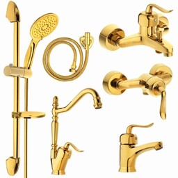ست شیرالات رز مدل بیزانس پلاس طلایی مجموعه 6 عددی به همراه علم دوش حمام و شلنگ سرویس بهداشتی دارای 8 سال گارانتی 