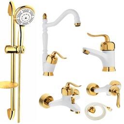 ست شیرالات رز مدل بیزانس پلاس سفید طلایی مجموعه 6 عددی به همراه علم دوش حمام و شلنگ سرویس بهداشتی 