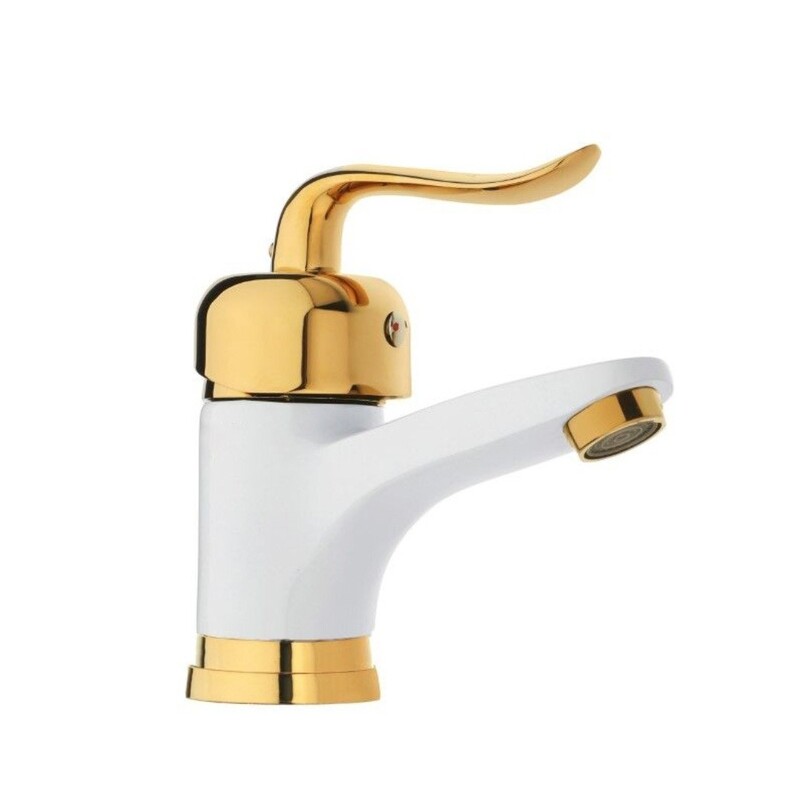 ست شیرالات اهرمی رز مدل بیزانس رویال سفید طلایی مجموعه 6 عددی به همراه علم دوش حمام شیپوری و شلنگ سرویس بهداشتی 