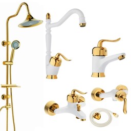 ست شیرالات اهرمی رز مدل بیزانس رویال سفید طلایی مجموعه 6 عددی به همراه علم دوش حمام شیپوری و شلنگ سرویس بهداشتی 