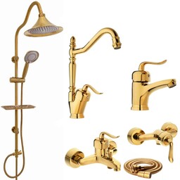 مجموعه کامل شیرالات رز مدل بیزانس رویال طلایی مجموعه 6 عددی به همراه علم دوش حمام و شلنگ سرویس بهداشتی 