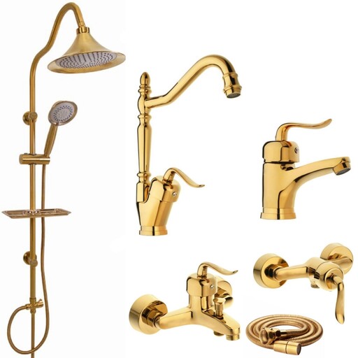 مجموعه شیرالات رز مدل بیزانس رویال  طلایی مجموعه 6 عددی به همراه علم دوش حمام و شلنگ سرویس بهداشتی 