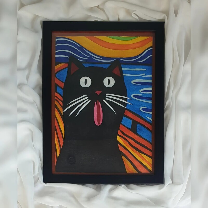 تابلو نقاشی آبرنگ فانتزی گربه مونک