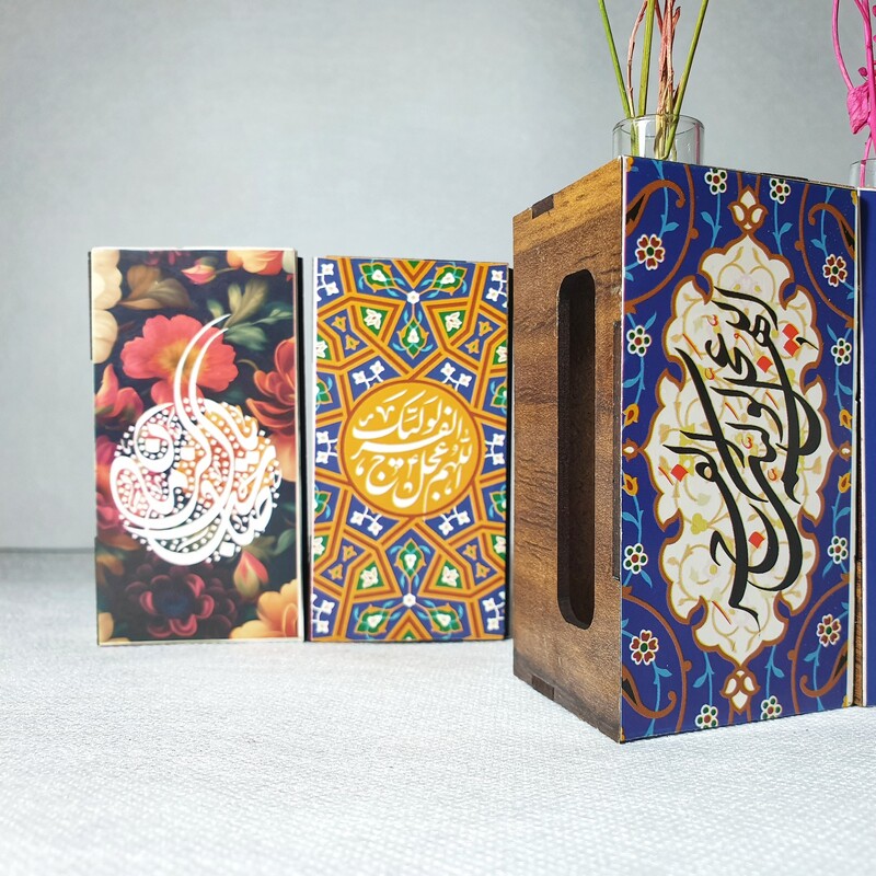 گلدان چوبی طرح مهدوی، همراه با جعبه، لوله شیشه ای، گیفت و  هدیه فرهنگی