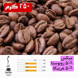 قهوه میکس  50درصد روبوستا 50 درصد عربیکا مخلوطی از چهار دان تازه و با کیفیت طعم و عطری دلنشین (درجه1) 250 گرمی