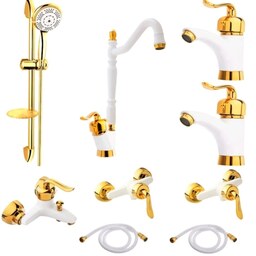 ست 9 تایی شیرآلات اهرمی قاجاری سفید طلایی به همراه علم دوش تک کاره و شیلنگ توالت ( ارسال رایگان )