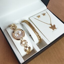 ساعت زنانه مجلسی طلایی صفحه سفید با نیم ست و دستبند 