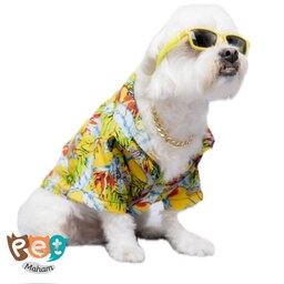 لباس سگ و گربه مدل پیراهن هاوایی مدیم لارج ایکس لارج دو ایکس لارج  زرد نخل