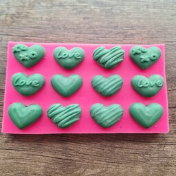 قالب سیلیکونی دستساز شکلات و پاستیل قلبی 12 تایی با 4 طرح -سیلیکون وارداتی با کیفیت- رنگ فلورسنتی سفارشی