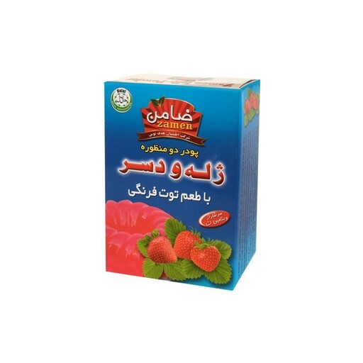 پودر ژله حلال (با ژلاتین) گاوی با طعم میوه توت فرنگی (ضامن) بسته بندی 100 گرمی (زیپ کیپ غیر کارتونی)