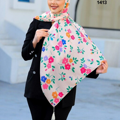 روسری نخی منگوله دار گلهای بهاری  قواره 115 با ارسال رایگان 