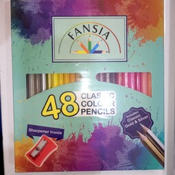 مداد رنگی فنسیا 48 رنگ جعبه مقوایی همراه با مداد طلایی و نقره ای و تراش 