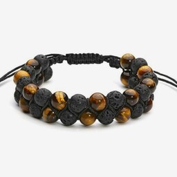 دستبند سنگ چشم ببر و  لاوا دو ردیفه tiger eye ،lava کد 02