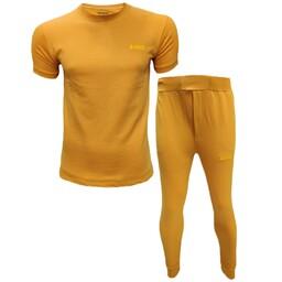 ست تی شرت و شلوار آستین مردانه کوتاه دم پا گت زرد رنگ گلدوزی 