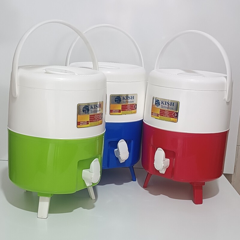 کلمن پلاستیکی پایه دار ظرفیت 10 لیتری مارک کیش ترموس (KISH Termoos) (رنگ سبز، قرمز، آبی)