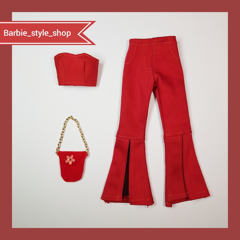لباس عروسک باربی شامل ست شلوار و تاپ و کیف قرمز مناسب باربی لاغر  عرضه از باربی استایل و گالری شایسته