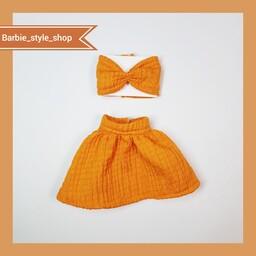 لباس باربی تاپ و دامن نارنجی مناسب عروسک باربی لاغر